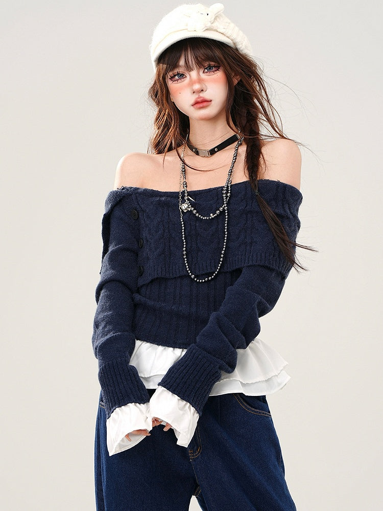 Grau/Marineblauer, schulterfreier Pullover mit schmaler Passform, Saum und Bündchen im Patchwork-Stil