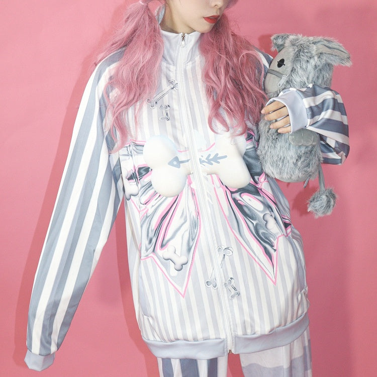Muster Gestreift Mode Gyaru Grau Jacke Bogen Knochen Big Print