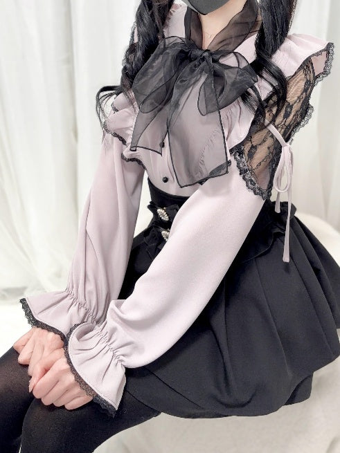 Jirai Kei Schwarz/Weiß/Dusty Cutout Schulter Bluse Schleife Ausschnitt Big Pink