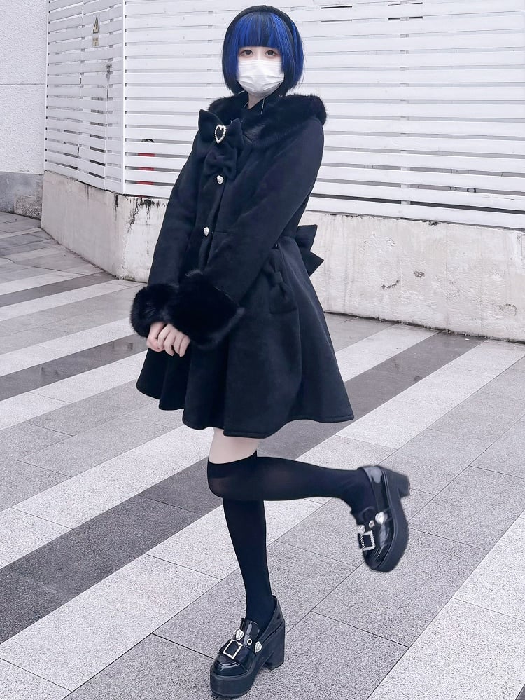 and Kei Plush Beaded Black Bowknot Collar Decorated Cuffs Details Jirai Coat