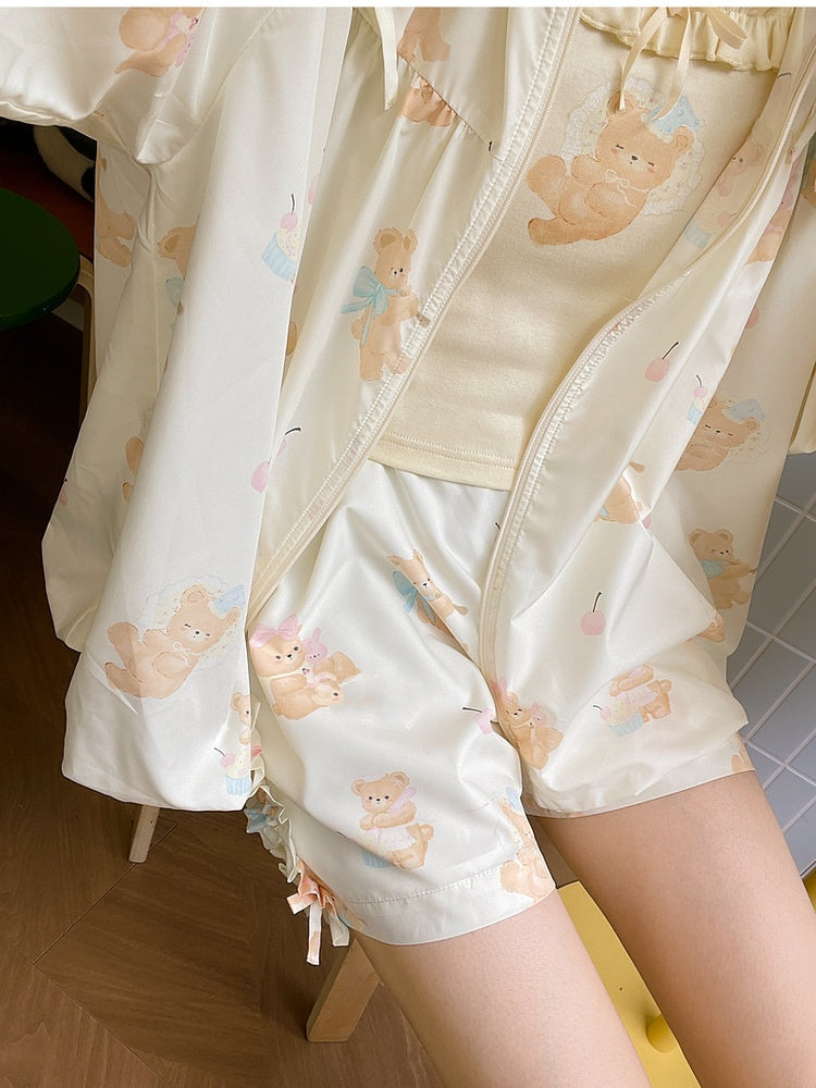 Shorts Light Yellow Elastic Waist Cute Bear Print Casual