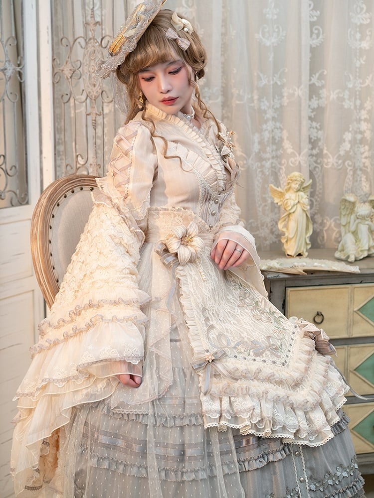 ユリの刺繍アップリケレイヤードヘムグレークラシックロリータドレスフロントボタンプラケット