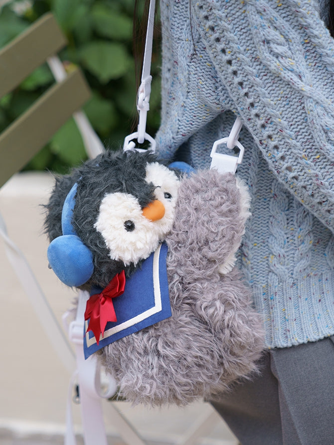 Sailor Penguin Gray Bag Plush Size Middle/Large Cute Blue + Hat Backpack/Crossbody Collar