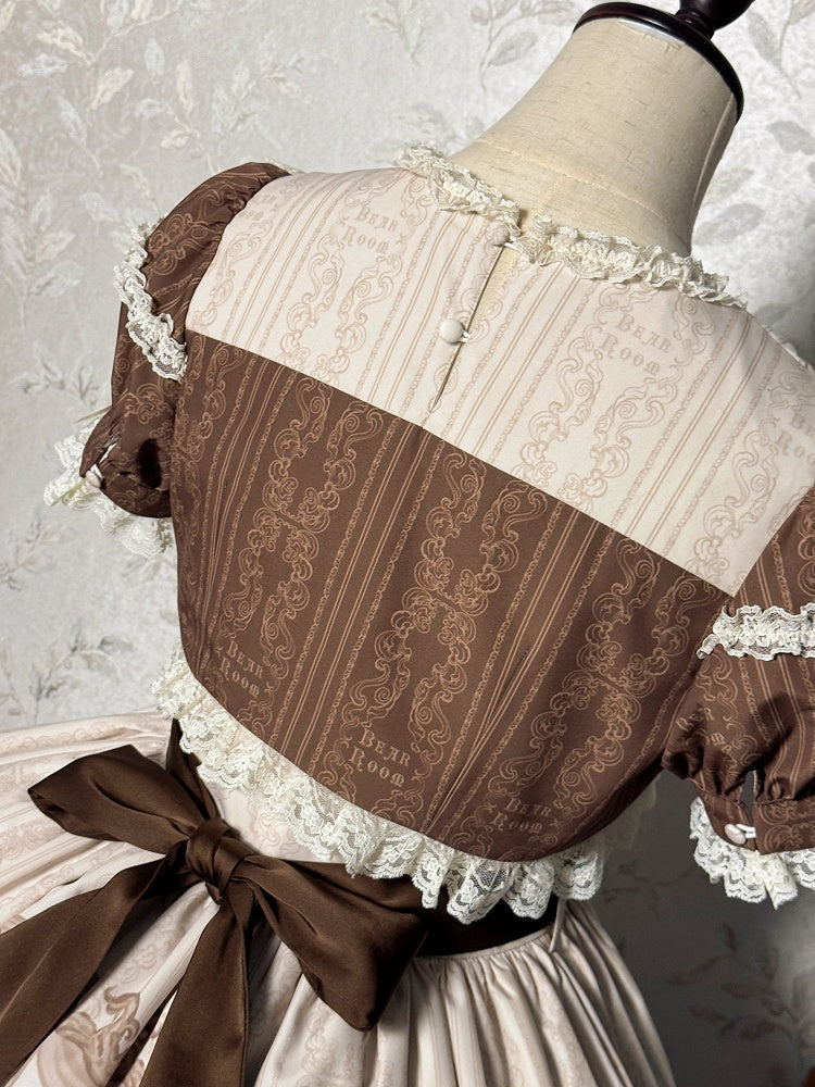 Brown Ruffle Round Neck Kitty and Teddy Print Lolita Dress Sweet Lolita OP
