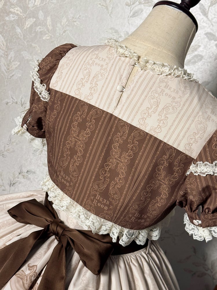 Teddy and Sweet Brown Lolita Print Ruffle Round Dress Neck Kitty OP