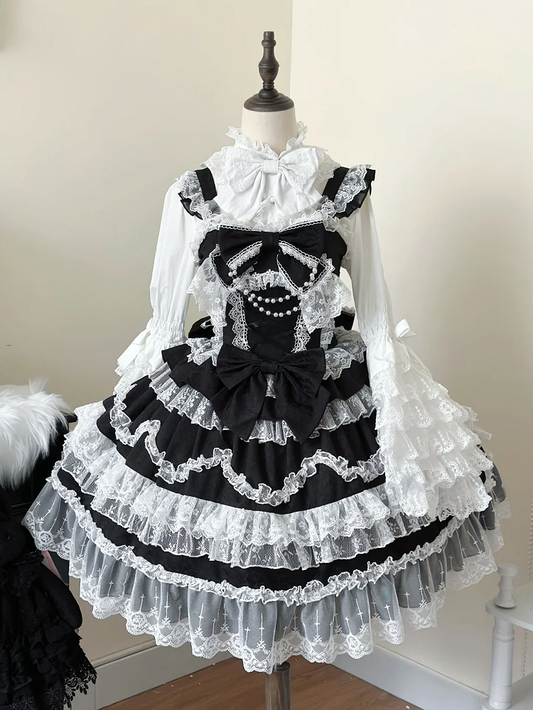 Pullover Schleifen Hanayome Spitze Lolita Weiß Kleid Borte Rock Schwarz Verziert