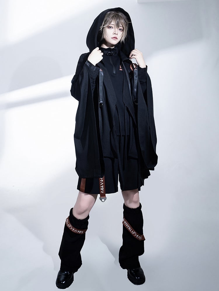 Buckle Hooded Lolita Techwear Ouji Strappy Jacket Black