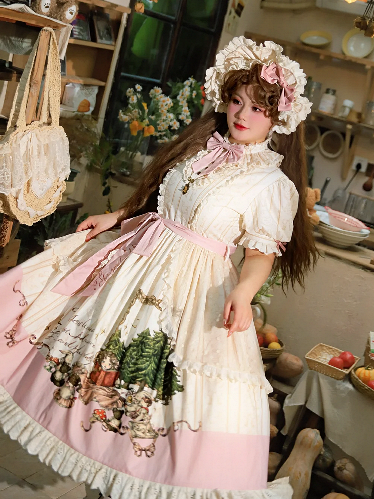 Piece Cotton Lolita Sleeves Sweet Plus Short Creamy One Available Sizes Dress