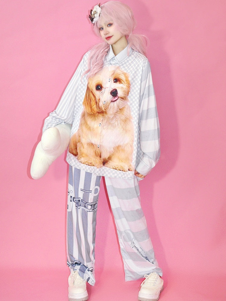 Mode Grau Kariert Welpen Muster Druck Gestreiften Gyaru Hemd Und