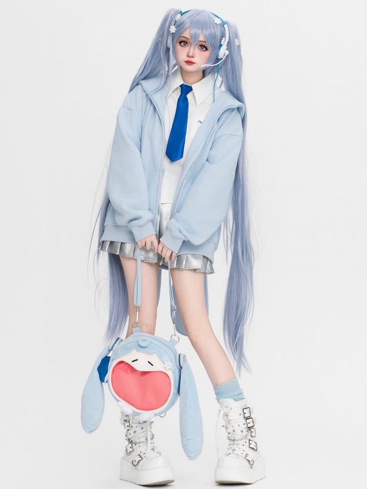 Full Set: Ears Snow + Tie Oversized Blue Hoodie + Socks + Skirt + Bunny Shirt