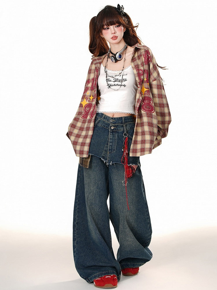 Fake Two-piece Blue Wide-leg Cut Jeans Design