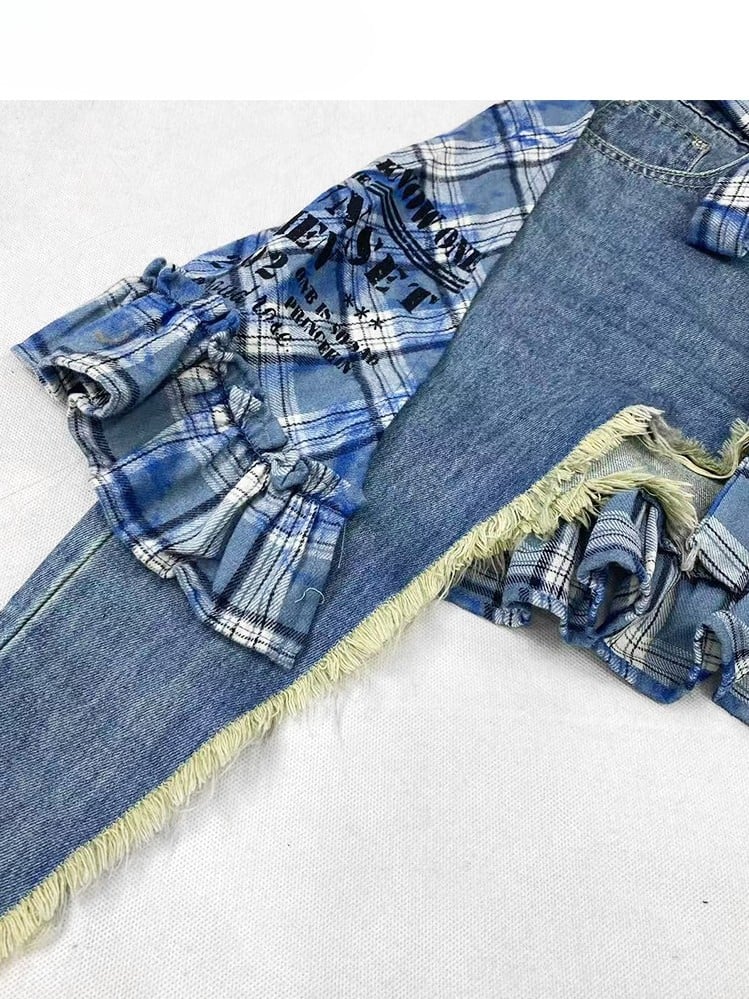 Warmers + Blue Print Hem Shorts Glamorous Pattern Bittersweet Asymmetrical Star Set- Plaid Applique Skirt Leg Cross