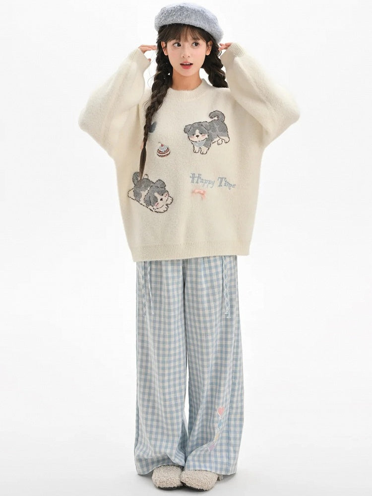 White Cute Puppies Pattern Round Neck Loose Sweater