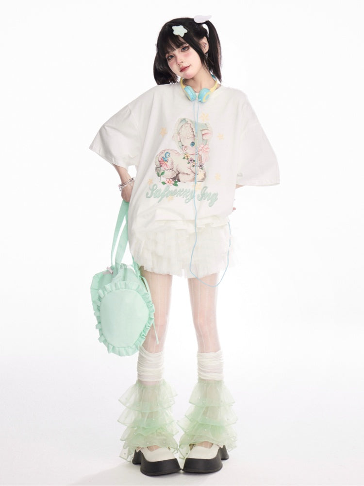 T-Shirt Loose White Round Neck Cute Deer Print