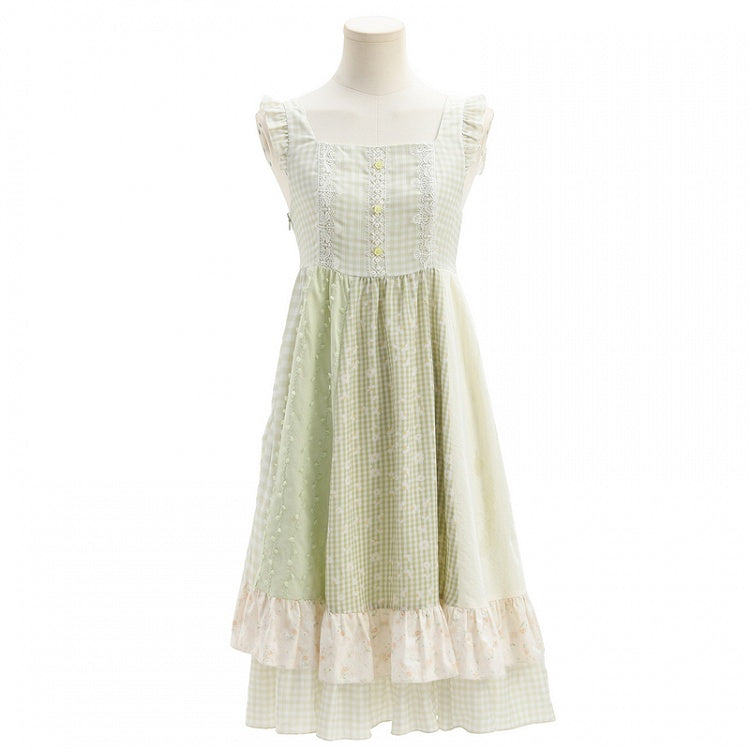Light Sleeves Tiered Mori Kei Green Plaid Flutter Skirt Sleeveless Dress
