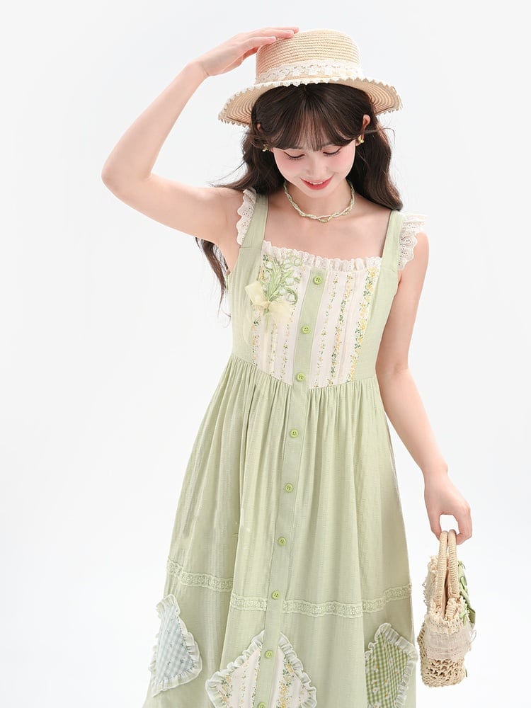 Mori Kei Green Floral Applique Sleeveless Dress