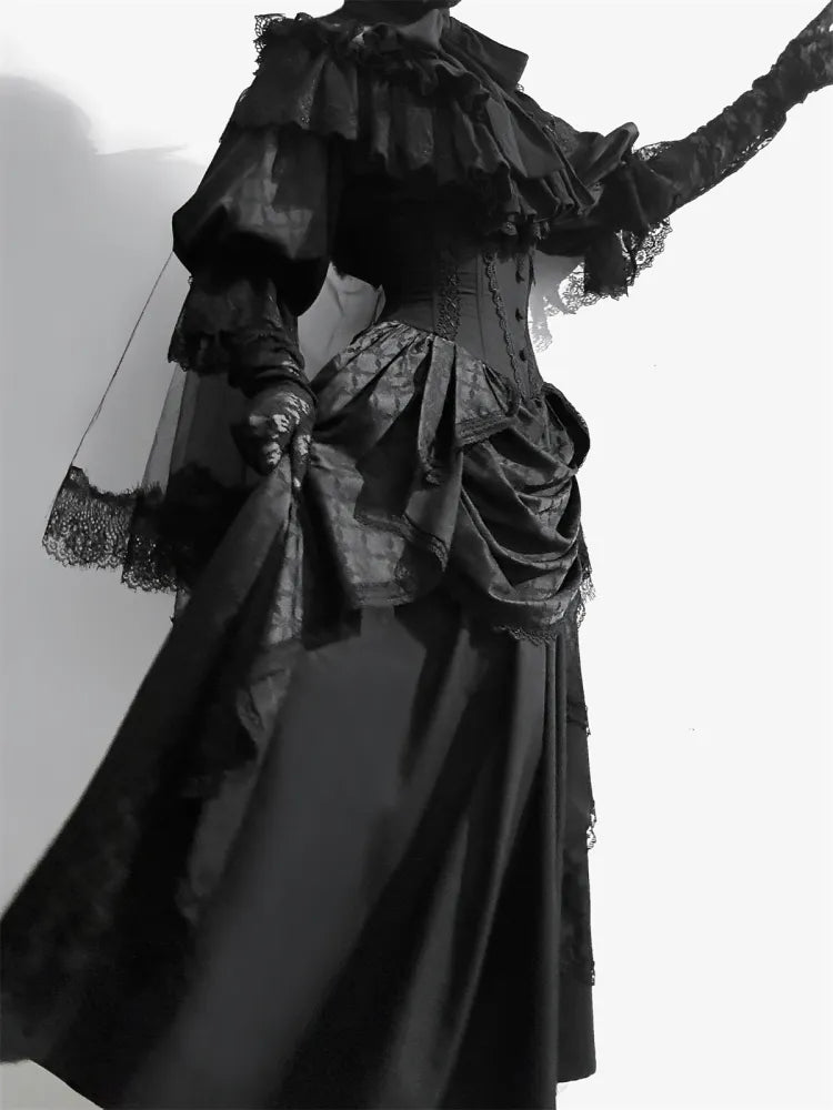 Schwarzer Korsett-Taillenrock mit Knochen und hoher Taille, Aristokratischer Gothic-Lolita-Rock