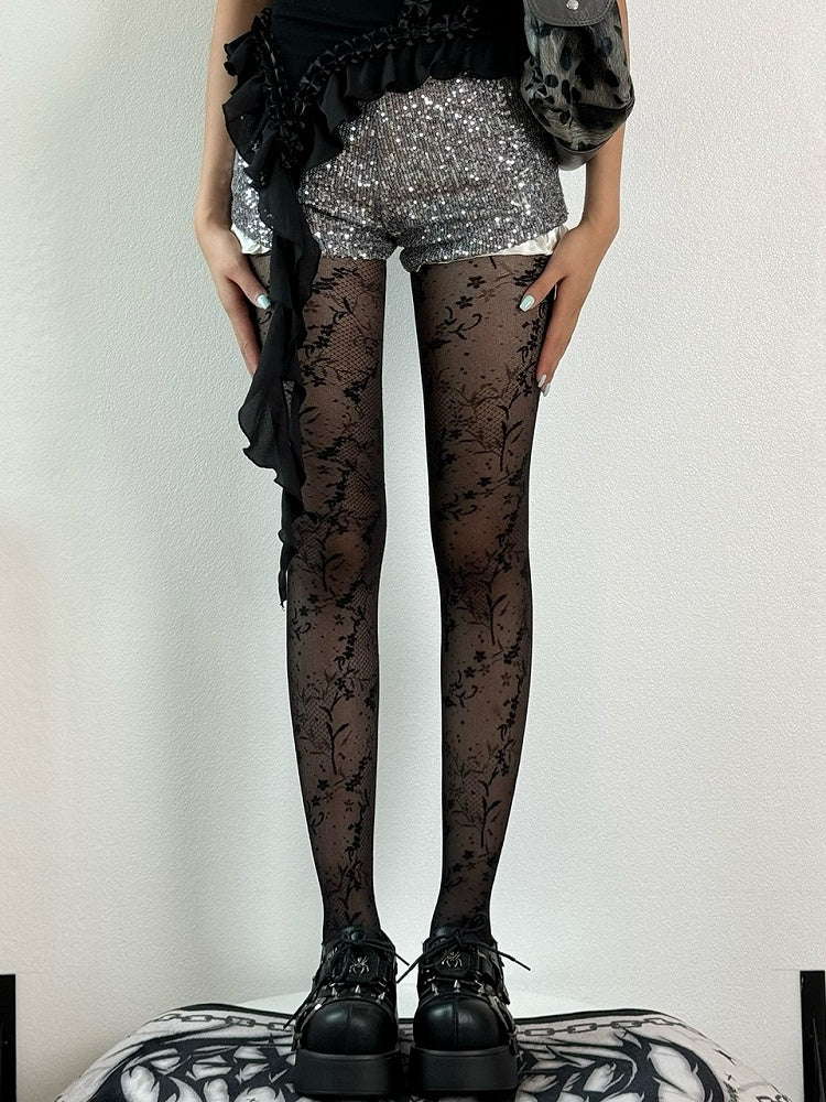 Floral Pattern Black Tights