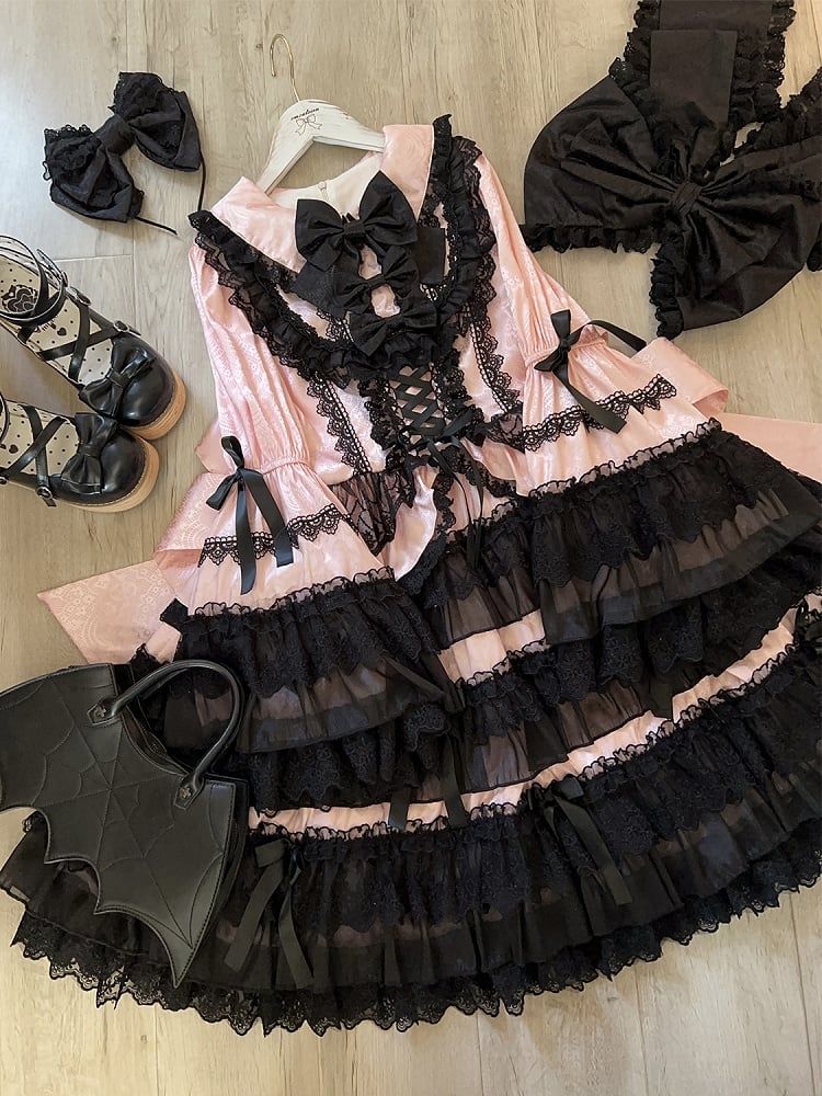 Bell Black Lolita and Long Sleeves Skirt Tiered Pink Ruffle Decorated Bows Dress