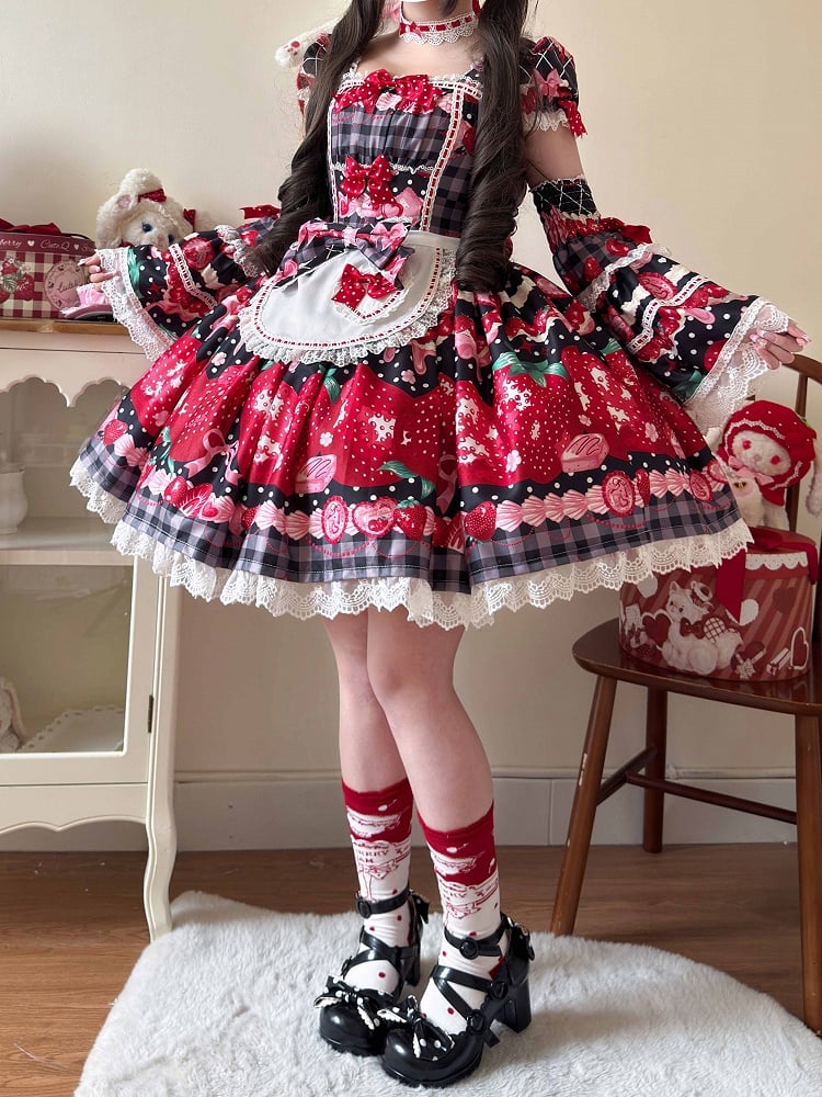 XXL Bust Apron Plaid Print with for 96-111CM Pattern Black Strawberry Sweet Dress Clearance-Size Summer and Lolita