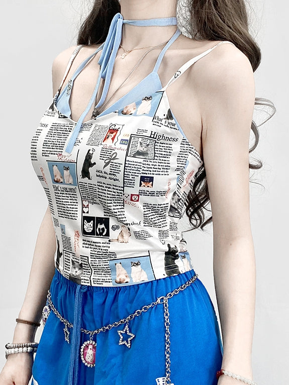 Cami Top With Newspaper Print Blue Glamorous
