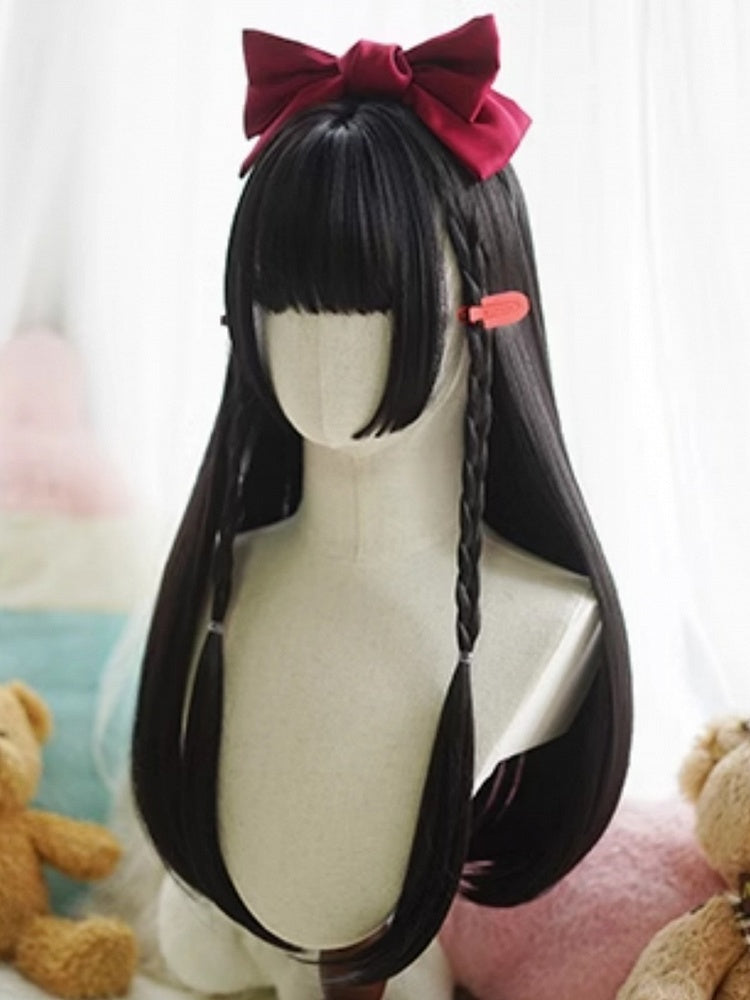 Black Hime Cut Long Straight Wig With Full Bangs
