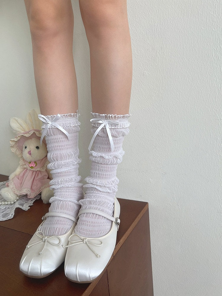Socks Bowknot Tulle Lace Details White/Black Ruffled