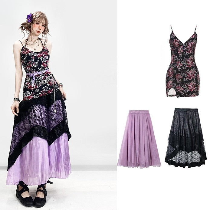 + Floral Top Halter Underskirt Cami Skirt Lace Set- Dress Holiday Neck Black Purple Bittersweet