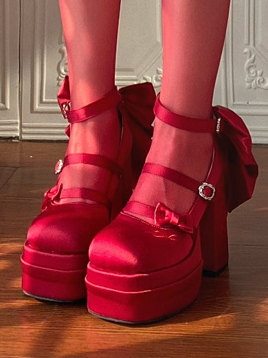 Janes Red Bowknot Classic Mary Lolita High Heels Platform Elegant