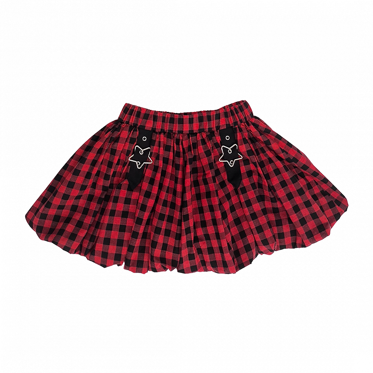 Plaid Bubble Skirt Y2K Gray / Red Star Buckles Black Black