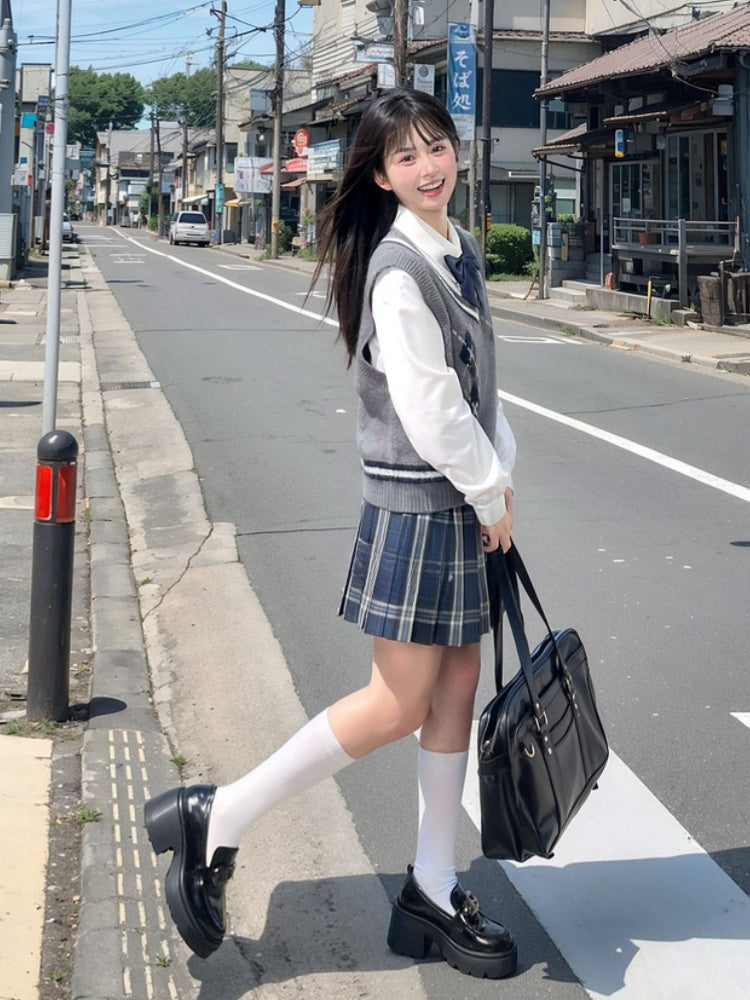 スタイル 42CM/45CM/48CM/56CM/65CM JK制服 プリーツスカート ネイビーブルー チェック柄 プレッピー
