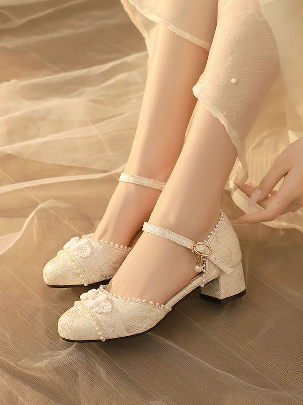 Beige Details - Floral Beads Button Lolita Sandals Mid-heel Frog Pattern Qi Satin