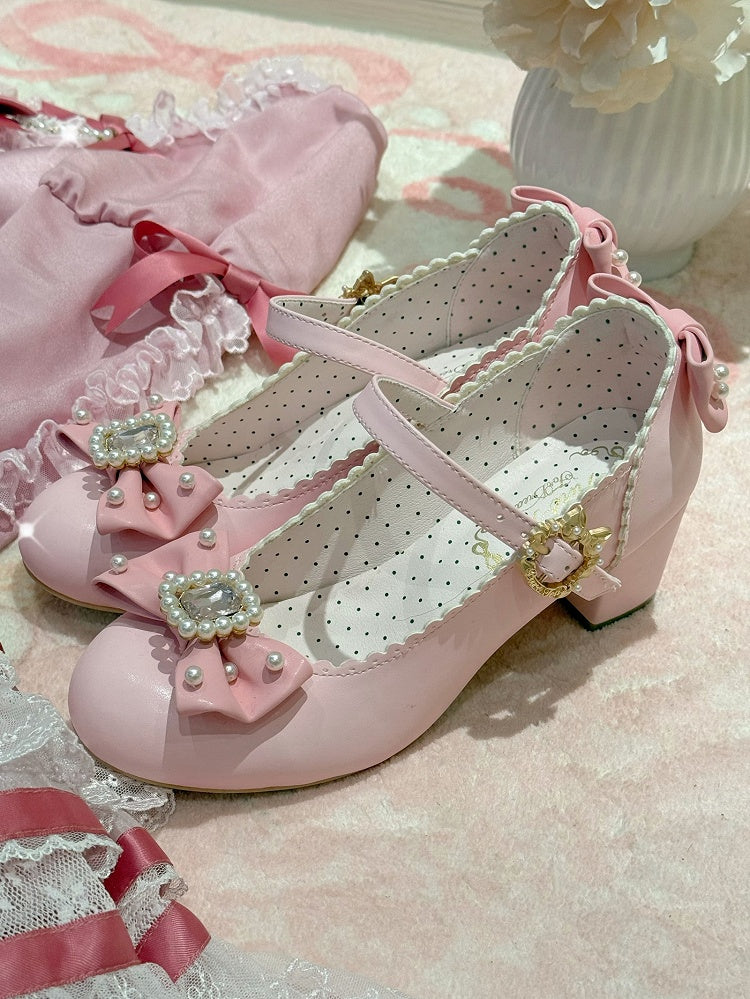 Schuhe Janes Bowknot Strass verziert und rund Mary Lolita Details Perlen Zehen rosa