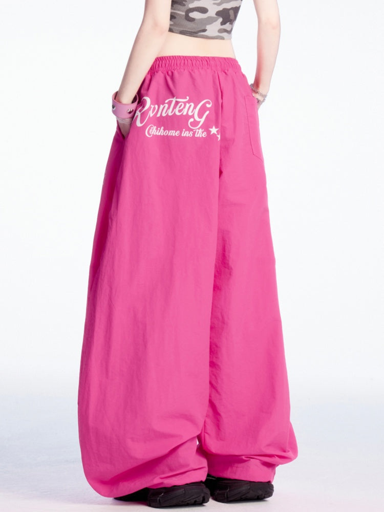 Rose Red Drawstring Waist and Cuffs Wide-leg Casual Pants