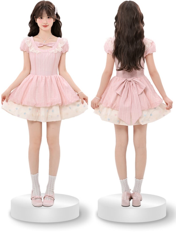 Pink Bowknot Detail Neckline Tiered Skirt Hem Sweet Dress Colorful Polka Dot