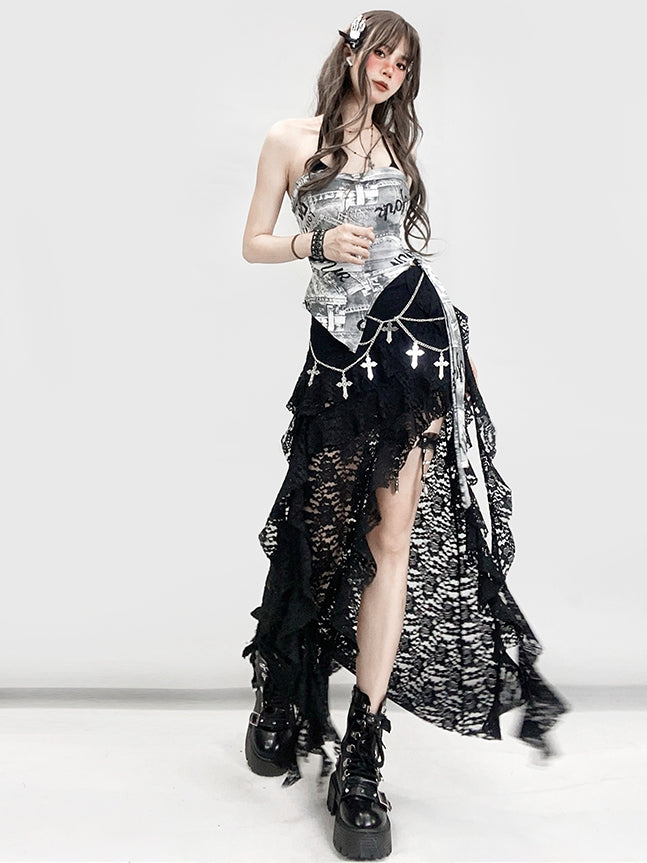 Slit Bittersweet Asymmetrical Glamorous Skirt Thigh-high Black Hem Lace