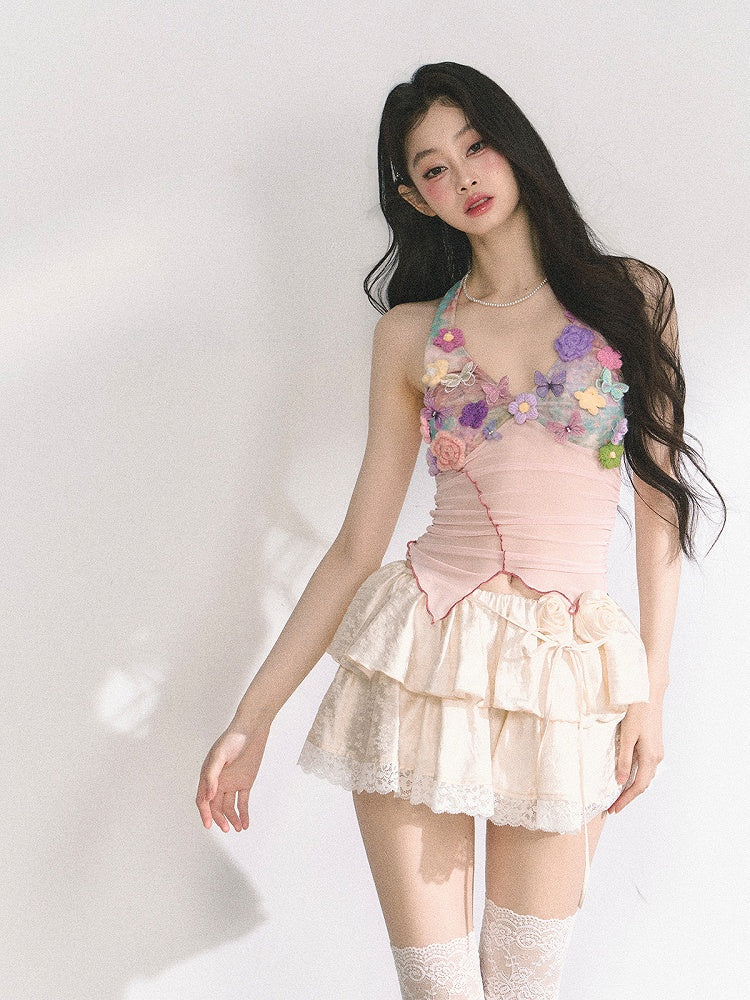 Floral Embellished Pink Lettuce Hem Top Knitted Halter Neck