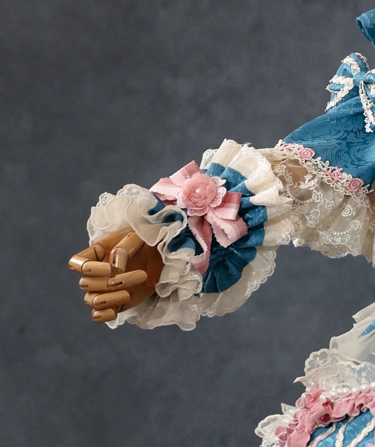 Blue Hanayome Rosette Embroidery Floral and Bead Chain Details Lolita OP Full Set