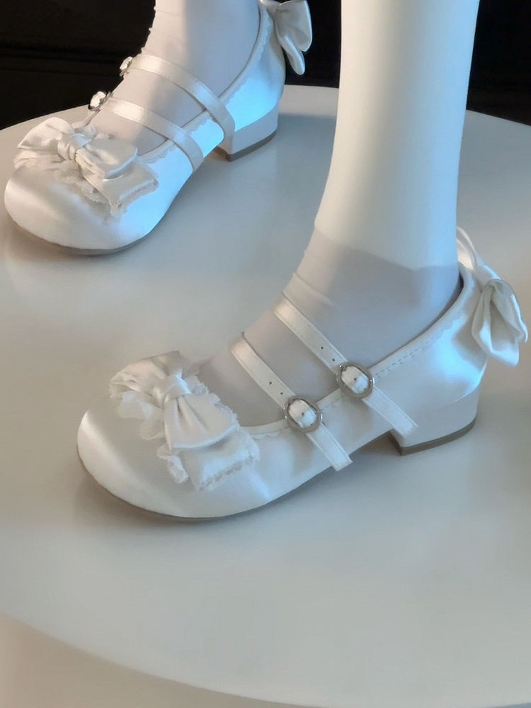 Sweet Janes Double with Mary Satin-Finish Lace Ruffled White Bow PU Lolita Buckles -