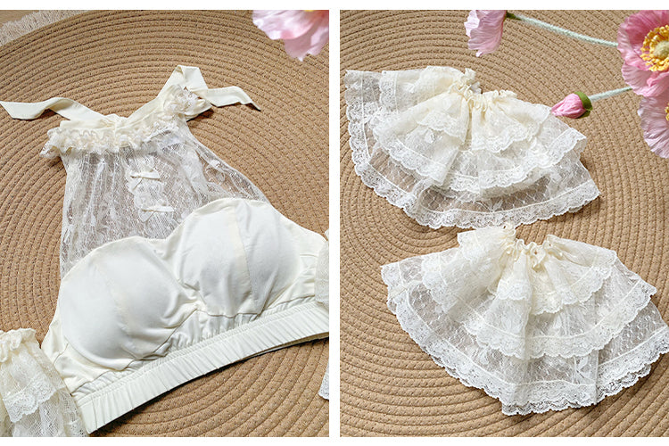 Detachable Neck Beige Flutter Sleeves with Lace Cropped Halter Top