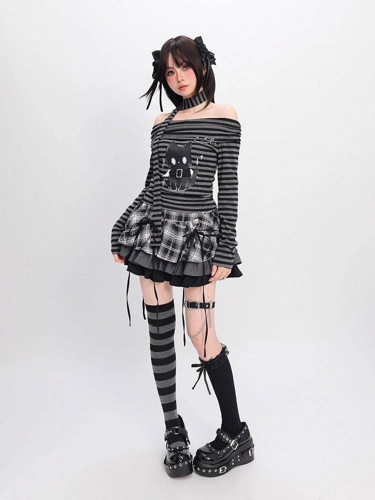 Gray Striped Top Neckline Black and Scarf with Bittersweet Kitten Print Off-the-shoulder