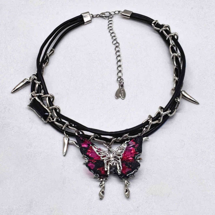 Collier ras du cou papillon rose rouge bleu foncé Y2K