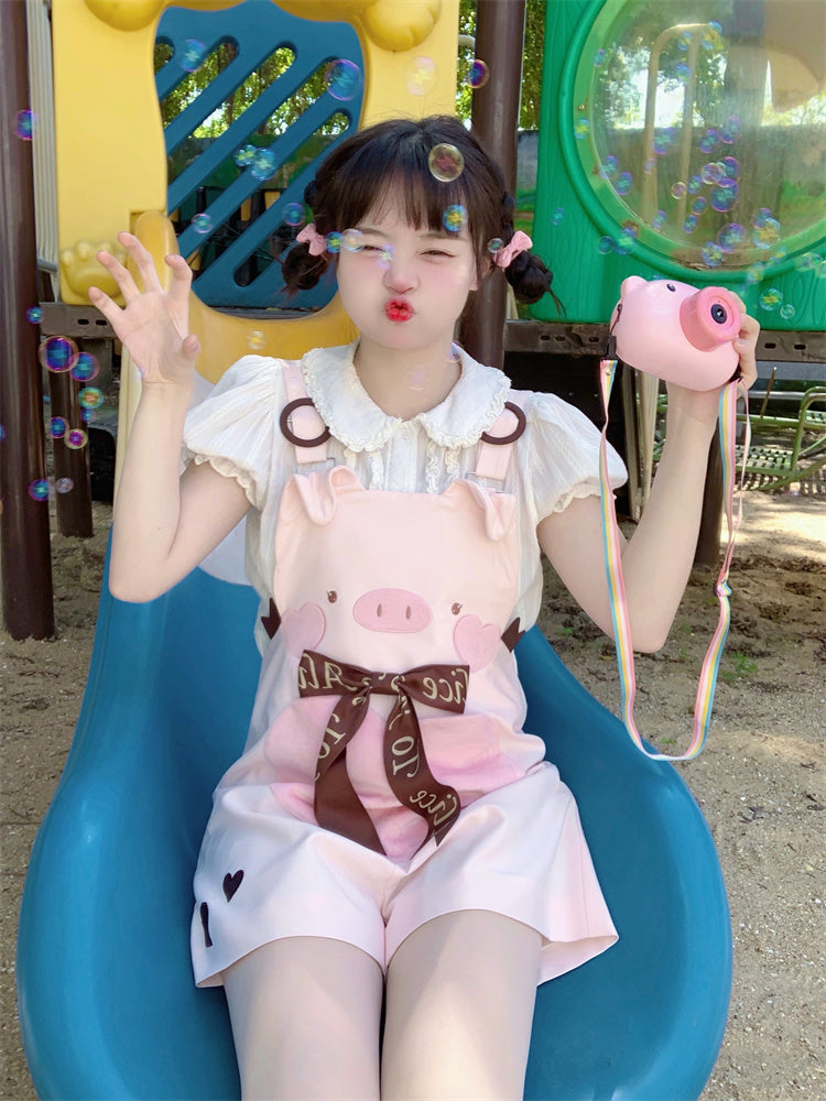 Adorable Piggy Pattern Bubble Shorts Overalls Pink