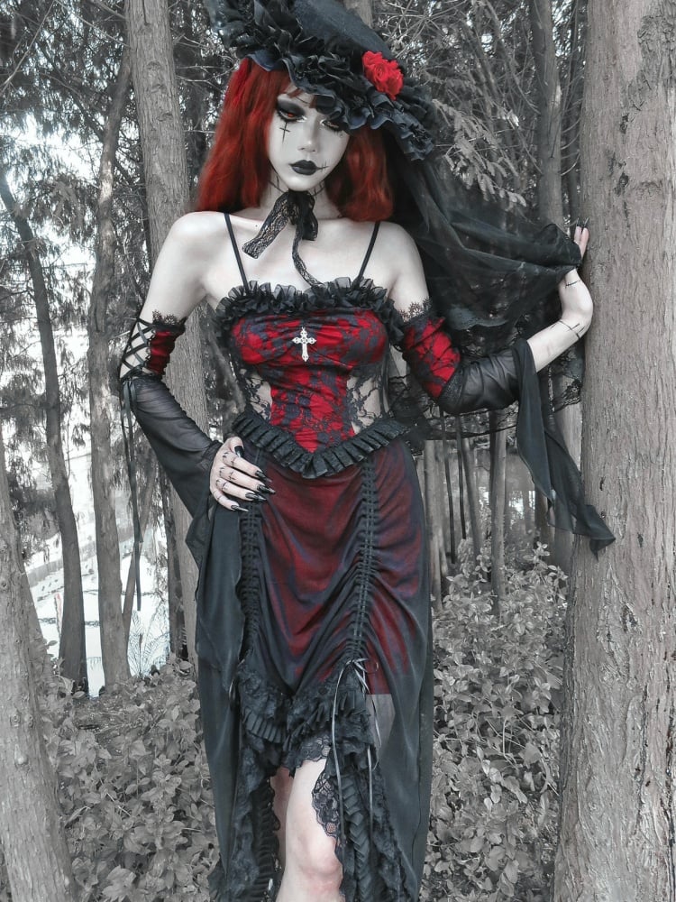 Schwarzes und weinrotes Vampir-Gothic-Kleid, Spitzenkleid mit Kordelzug und Handschellen-Set