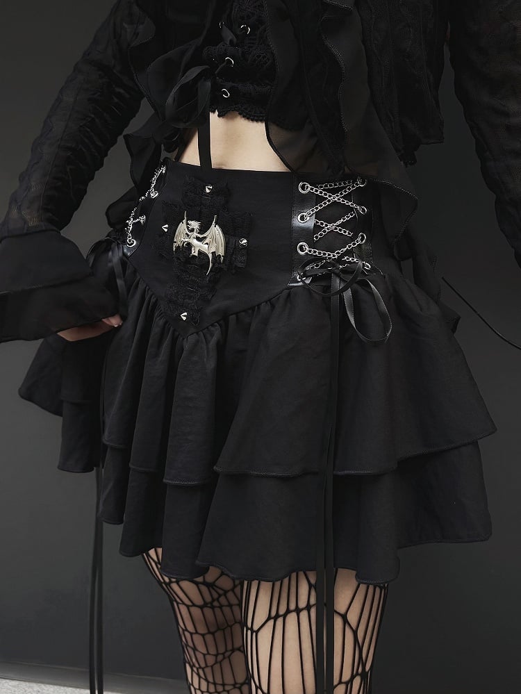 Punk Dragon verziert schwarzen Stufenrock Criss-Cross-Kette