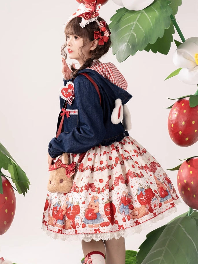 春のイチゴとウサギのプリントレーストリムリボンアクセントベージュスイートドレスロリータワンピース