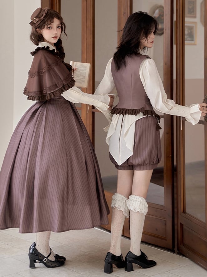 ブラウン王子ロリータレーストリムウエストコートストライプ柄ブルマーショーツリトル探偵バイブス