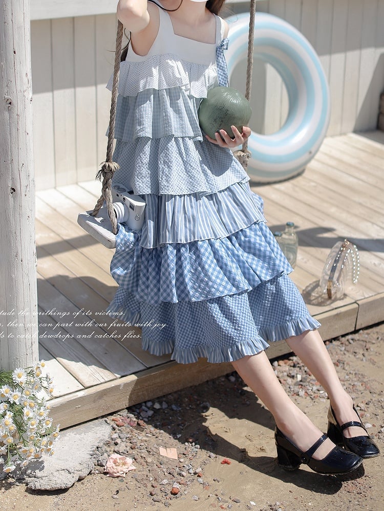 Blau mit Patchwork Urlaub Taille ärmelloses Kleid Stufenrock Gürtel