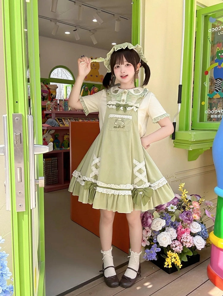 Light Green Frog Embroidery Lace Trim Overalls