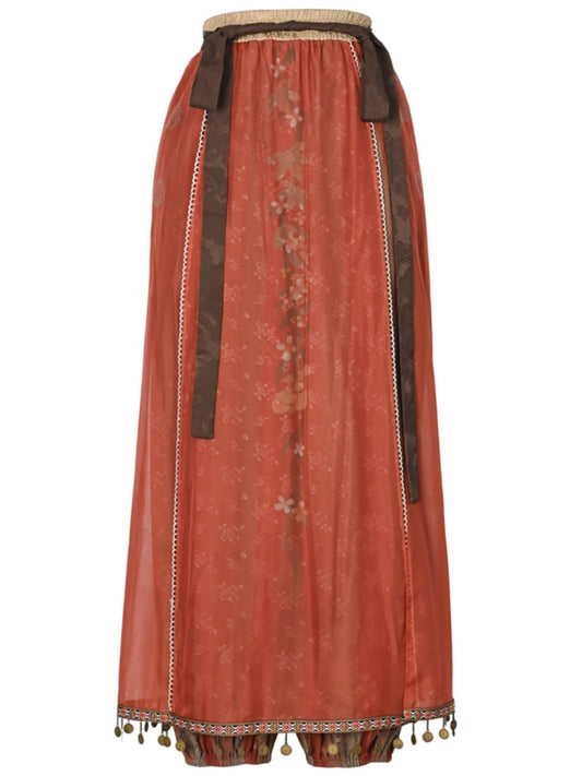 オーバーレイ付き赤いチャイナドレス風花柄ルーズパンツ